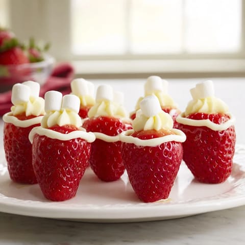 Bright photo of Air Fryer Santa Hat Strawberries, ready to eat, with white chocolate trim and marshmallow.