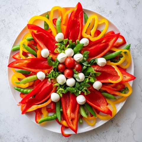 Festive Poinsettia Platter: a vibrant appetizer featuring colorful vegetables, cheeses, and dips arranged artfully.