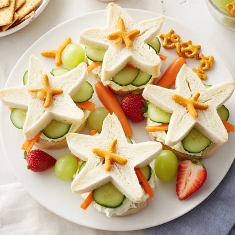 Close-up of a whimsical Beach Day Starfish Snack Spread, perfect picnic food, featuring goldfish crackers.