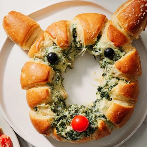 Pull-apart bread shaped as reindeer antlers with creamy spinach dip, perfect for sharing and dipping.