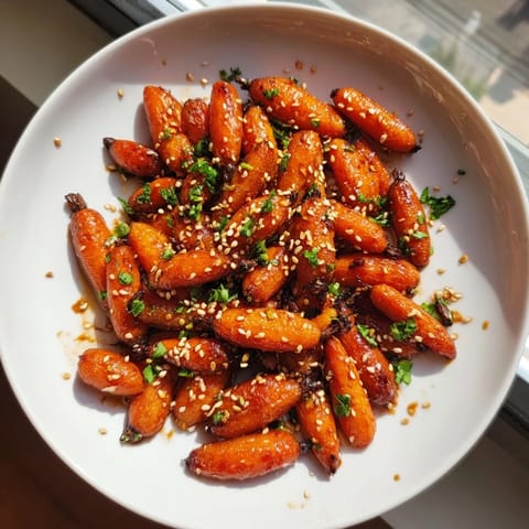 Golden-brown, caramelized honey soy roasted carrots, a vibrant and flavorful vegetarian side dish.