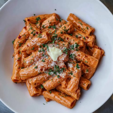 Rich tomato sauce coats each rigatoni, an Italian-American Gigi Hadid-Style Spicy Rigatoni, garnished with parsley.