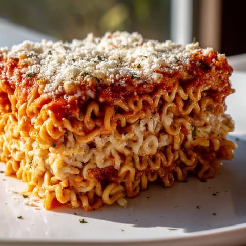 Perfectly layered Ramen Lasagna: rich tomato sauce and gooey mozzarella cheese over ramen.