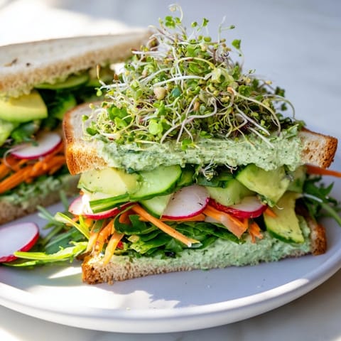 Close-up of a loaded Green Goddess sandwich, overflowing with colorful, healthy ingredients.