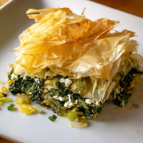 A close-up of freshly baked spanakopita, highlighting the crispy crust and flavorful filling within.