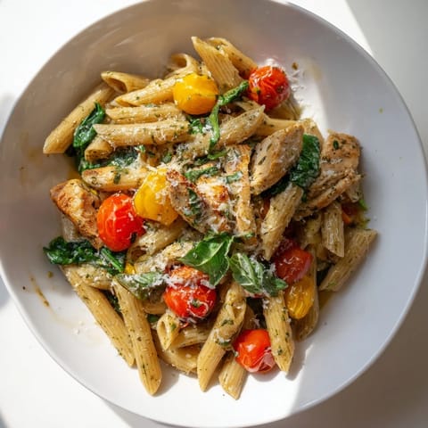 Tender chicken and penne pasta mingle in this One-Pan Lemon Herb Pasta Chicken, a Mediterranean delight.