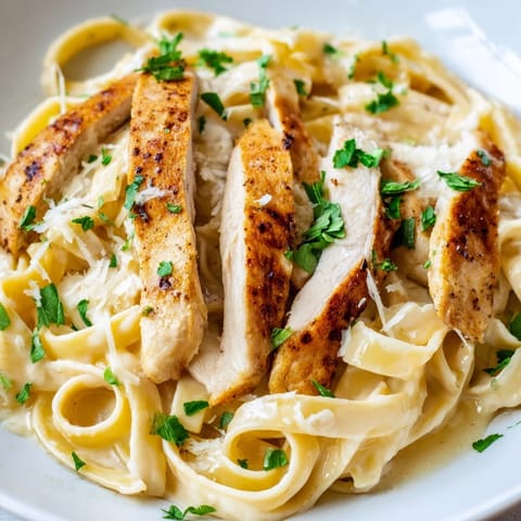 Creamy Cajun Chicken Alfredo pasta twirled on a fork with tender, spice-rubbed chicken strips and a glossy Parmesan sauce.