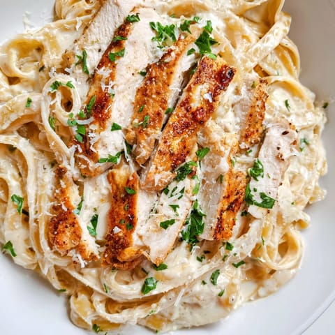 Steaming plate of Cajun Chicken Alfredo featuring golden seared chicken and fettuccine tossed in velvety cream sauce, garnished with parsley.