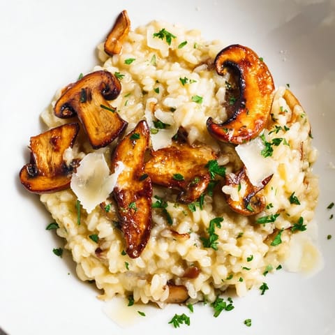 Golden roasted mushrooms and creamy Arborio rice make this Roasted Mushroom Risotto a comforting Italian main dish.  