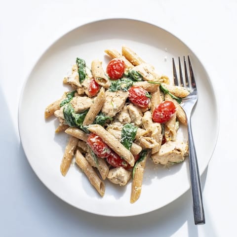 Freshly cooked Greek Yogurt Chicken Pasta served in a skillet, garnished with fresh basil and Parmesan, featuring wilted spinach and juicy cherry tomatoes mixed throughout.