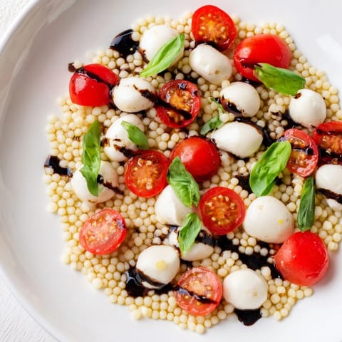 Tender pearled couscous blends with fresh basil and mozzarella in this refreshing Caprese Couscous Salad, perfect for summer.