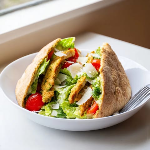 Fresh romaine, shaved Parmesan, and tender herbed chicken Caesar pitas filled with crunchy panko-crusted slices and creamy dressing.