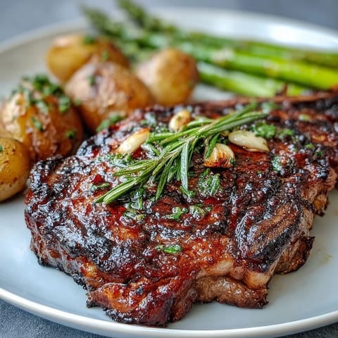 Perfectly grilled bone-in rib eye steak topped with rosemary and garlic, served alongside buttery parsley potatoes.