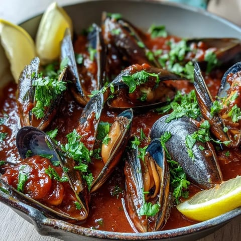 Freshly chopped parsley and lemon wedges garnish the steaming Smoky Mussels Pomodoro, highlighting the bright red sauce in a rustic bowl.