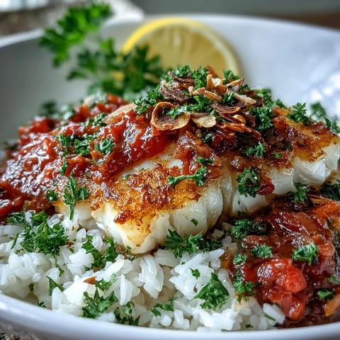A vibrant platter of gluten-free tomato-roasted cod with spiced almonds, brightened by lemon wedges and fresh parsley garnish.  