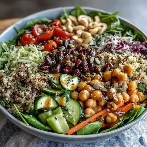 A wholesome vegan Rainbow Salad Bowl topped with toasted cashews, pepitas, and fresh herbs on a wooden table.