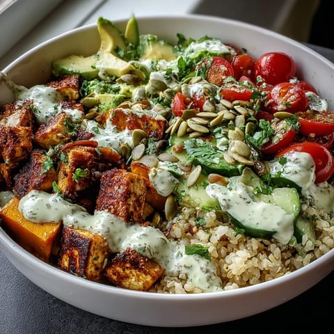 Colorful Customizable Grain Bowl topped with chicken, chickpeas, cucumbers, cherry tomatoes, and crunchy pumpkin seeds.
