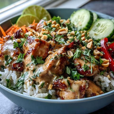 Fork into a vibrant Thai Peanut Chicken Bowl with fluffy coconut rice, shredded carrots, red bell pepper, cucumber, and fresh cilantro.