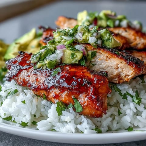 Grilled chicken slices layered over fluffy jasmine rice with creamy avocado-cilantro salsa, ready to serve.