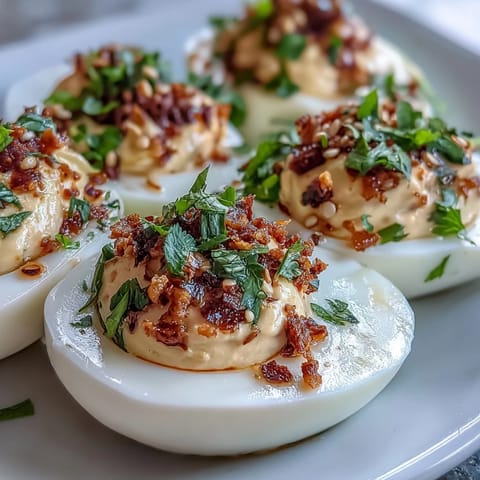 Halved eggs filled with creamy yolk mixture and drizzled with chili garlic oil. 