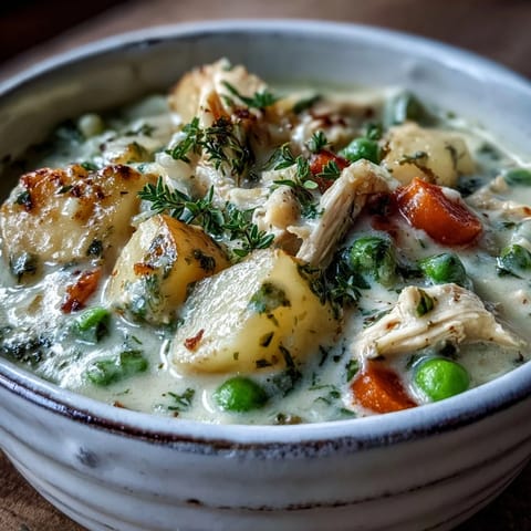 Creamy Chicken Pot Pie Soup steaming in a rustic bowl with parsley garnish and a side of crusty bread.