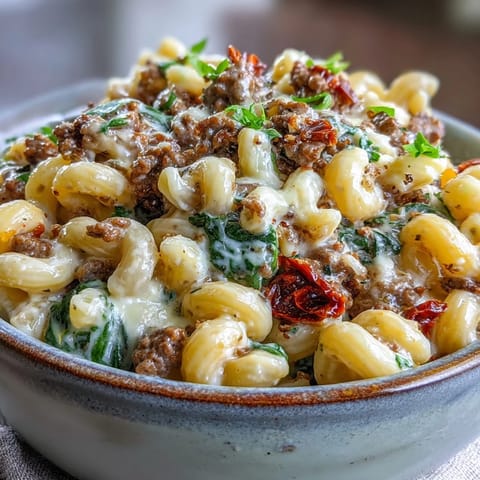 Hearty bowl of Creamy Tuscan Chili Mac with golden-brown Italian sausage crumbles and rich red sauce.