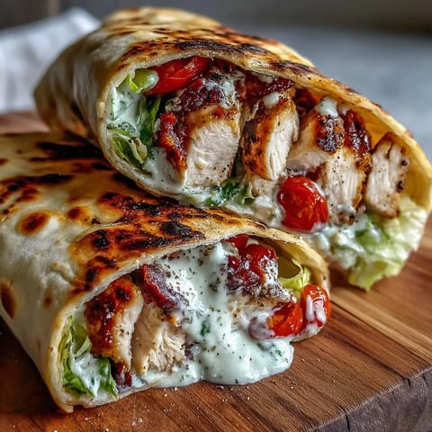 Garlic Naan Grilled Chicken Caesar Wraps stuffed with crisp romaine, smoky grilled chicken, and creamy Parmesan.
