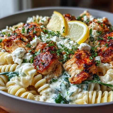 A creamy skillet of Greek Chicken Feta Pasta Skillet with wilted spinach and crumbled feta.