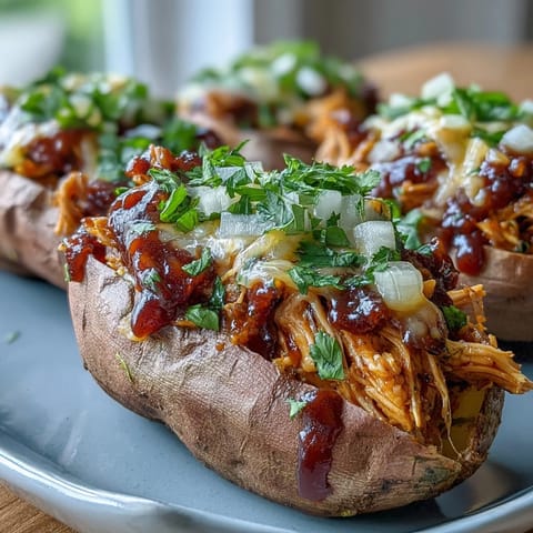 Golden-brown baked sweet potato boats filled with sticky honey BBQ chicken, topped with melted cheddar and fresh cilantro. 