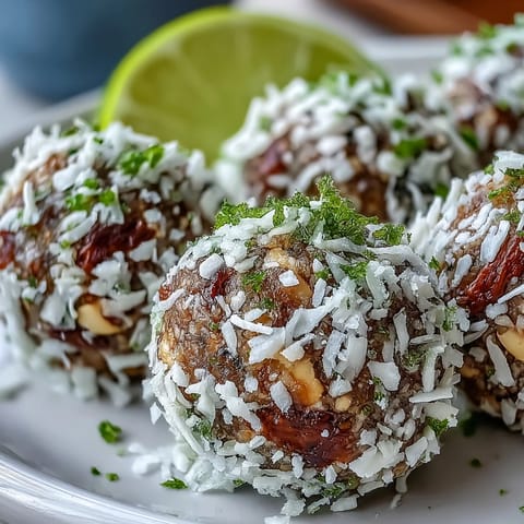 Zesty Vegan Coconut Lime Energy Balls with dates and cashews served on a plate with lime wedges.