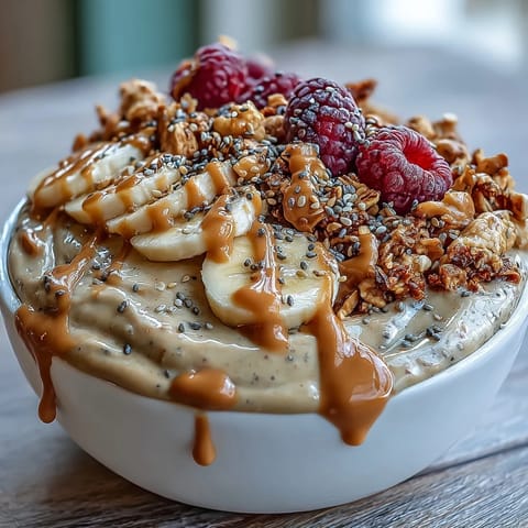 Vibrant Vegan Peanut Butter Banana Protein Smoothie Bowl with a thick peanut butter drizzle and chia seeds, ready for a nutritious breakfast.