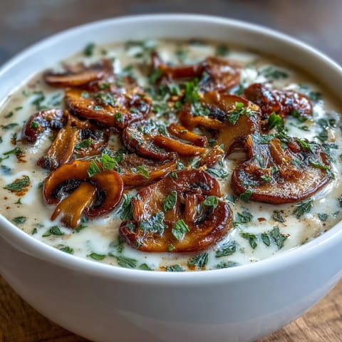 Creamy mushroom and cardamom soup with a swirl of heavy cream, garnished with fresh chives.  