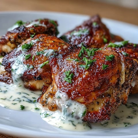 Zaatar-spiced chicken thighs roasted golden and drizzled with creamy tahini-garlic sauce for a bold Middle Eastern flavor.