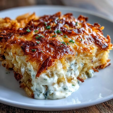 Cheesy hashbrown casserole baked until bubbly with melted cheddar and savory onions