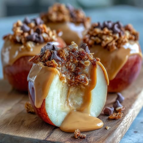 Crisp apple slices drizzled with peanut butter and topped with crunchy granola for a wholesome snack.