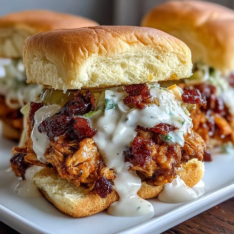 Crockpot Mississippi Chicken Sliders with Coleslaw: Tender shredded chicken slow-cooked in rich, savory spices, piled high on soft slider buns with tangy coleslaw for a crowd-pleasing bite.