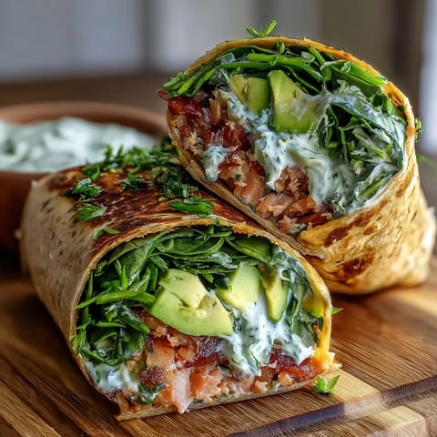 Healthy avocado tuna wraps filled with fresh spinach, ready to roll up for a quick lunch.