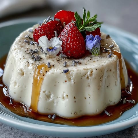 Silky Italian panna cotta infused with lavender and drizzled with golden honey, topped with edible blossoms.