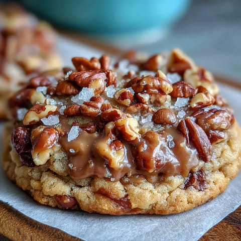 Golden brown butter pecan cookies with toasted nuts and flaky sea salt, offering rich, nutty flavor and a delicate sweet-salty balance.  