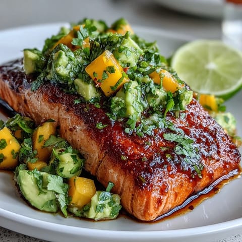Baked salmon with mango avocado salsa, topped with a colorful mix of fresh fruit and herbs.