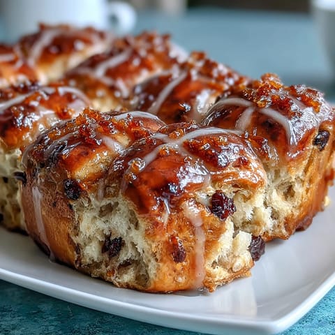 Golden hot cross buns topped with fragrant orange glaze, studded with juicy currants for a festive treat.  