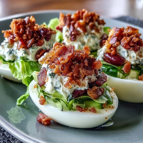 Deviled eggs with tangy filling, bacon crumbles, lettuce, and diced tomatoes in a classic BLT twist.