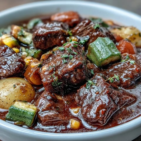 Hearty Kentucky Derby Burgoo Stew photo with tender meats and colorful garden vegetables.