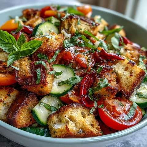 Vibrant Italian Summer Panzanella featuring grilled bread, fresh vegetables, and dressing.