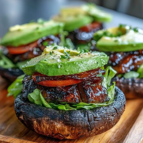 Hearty grilled portobello burgers topped with fresh avocado and crisp lettuce, perfect for grilling.