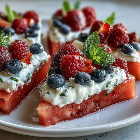 Refreshing watermelon pizza dessert, colorful with berries, perfect for summer picnics.