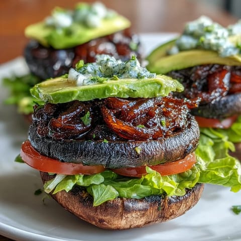 Juicy grilled portobello mushroom burgers piled high with creamy avocado, ready to serve.