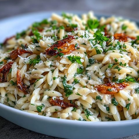 Creamy roasted garlic orzo, a golden, herb-flecked comfort dish.