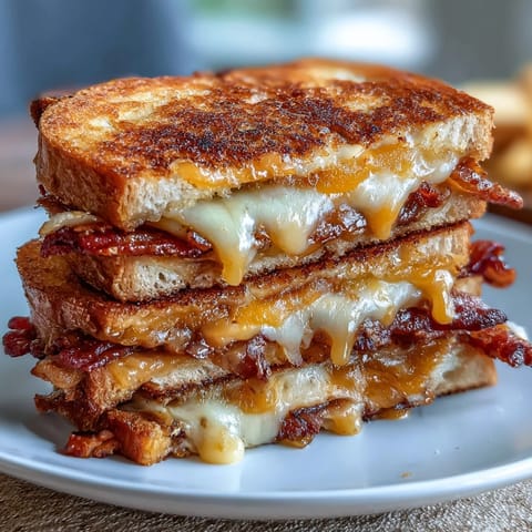 Golden brown Apple Cheddar Bacon Grilled Cheese oozing with melted cheddar.