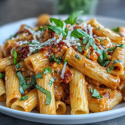 Simplified spicy vodka pasta, a luscious dish with red pepper flakes and Parmesan.